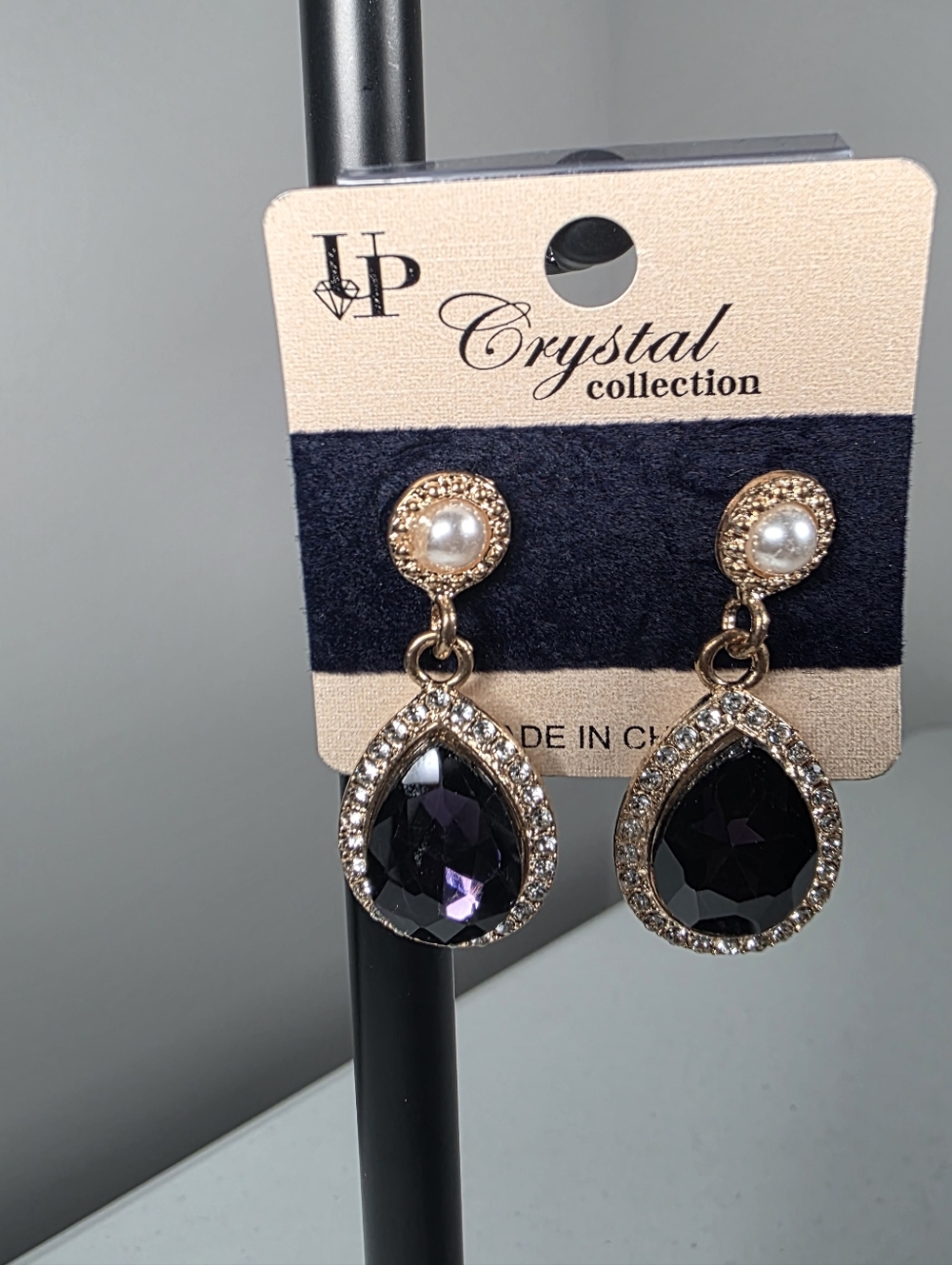 Gold-Tone Teardrop Earrings with Purple Crystal - Picture 3 of 3